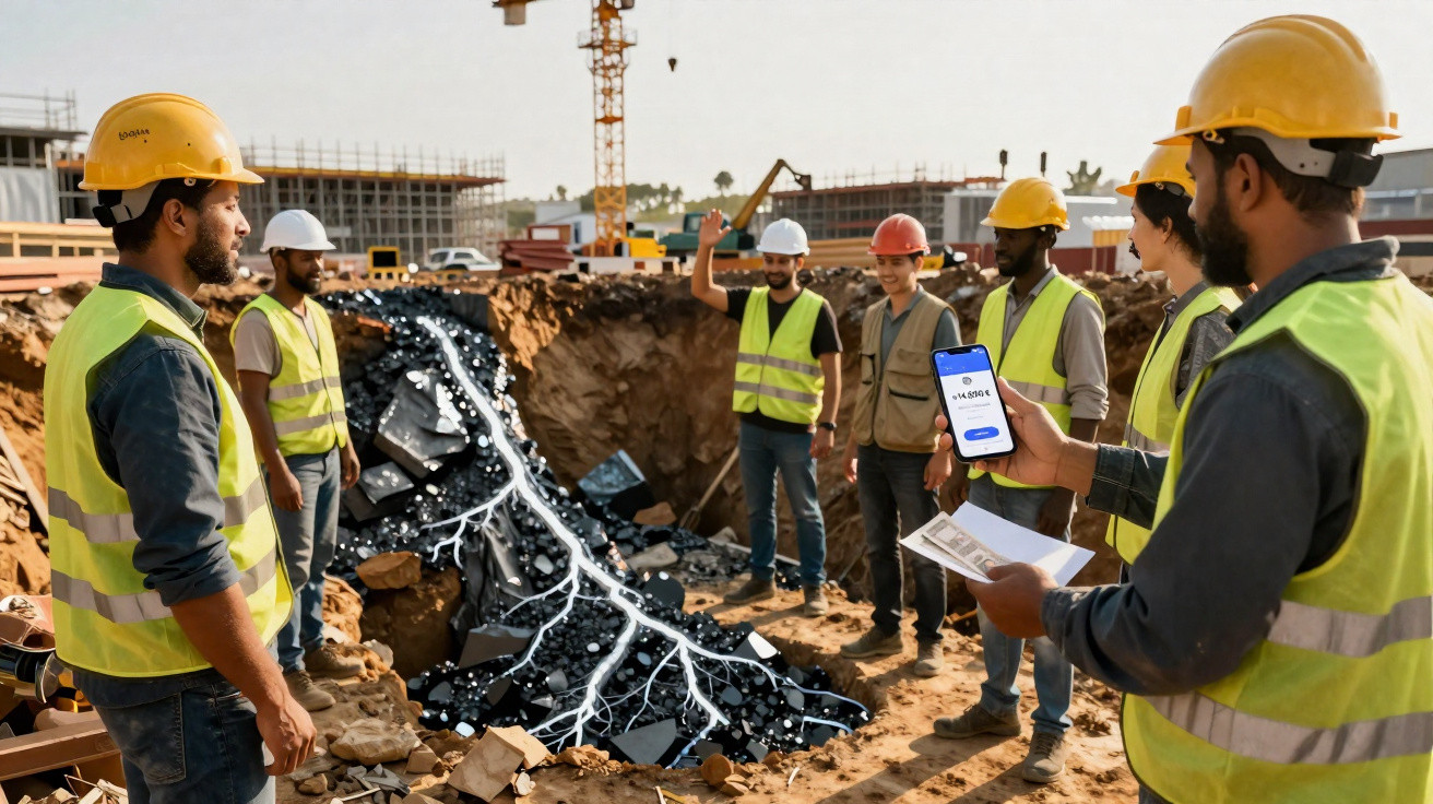 Grupo de trabalhadores de construção civil com coletes e capacetes numa obra ao ar livre.