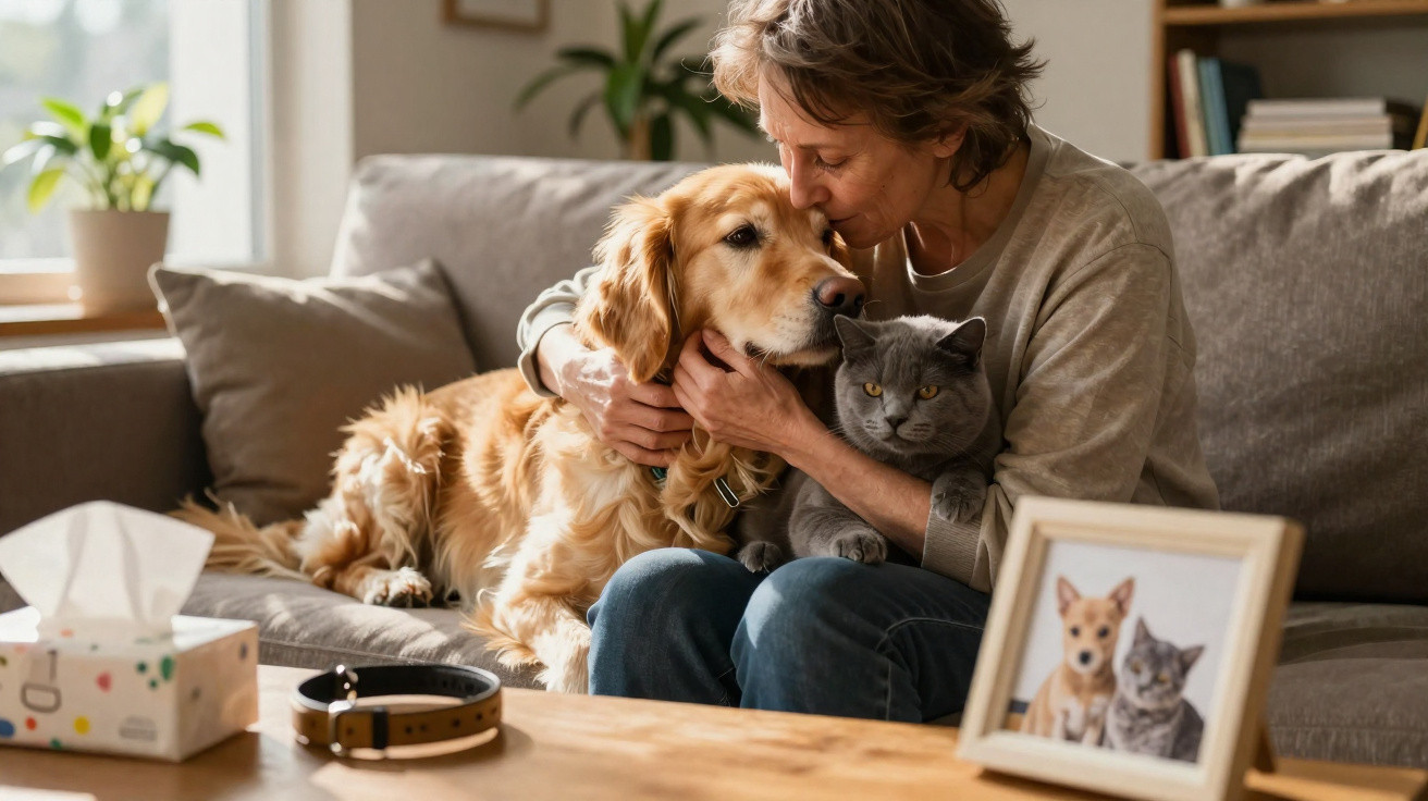Mulher sentada no sofá a abraçar um cão e um gato, com uma foto dos dois em moldura na mesa.