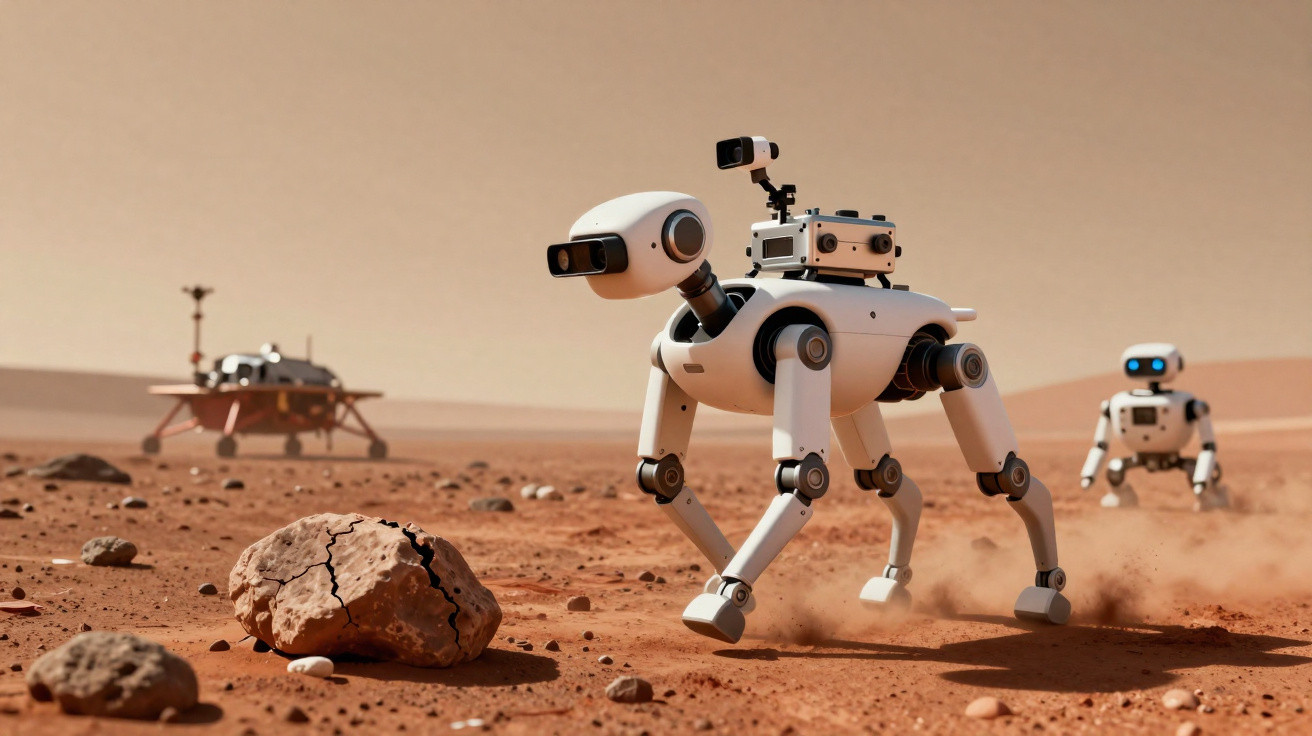 Robôs exploradores em superfície marciana com terreno rochoso e nave espacial ao fundo.