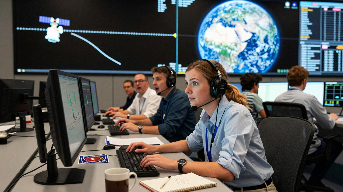 Equipa de controlo em centro de comando espacial a monitorizar dados em vários ecrãs com imagem da Terra ao fundo.