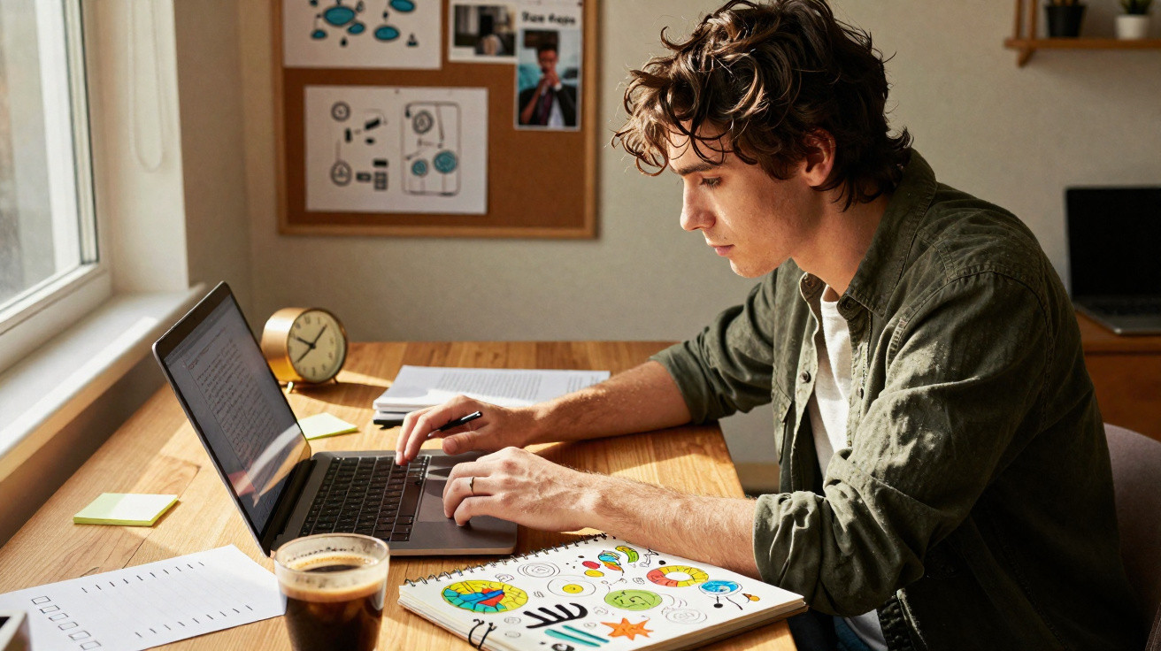 Jovem a trabalhar no computador portátil numa secretária com desenhos coloridos e café ao lado.