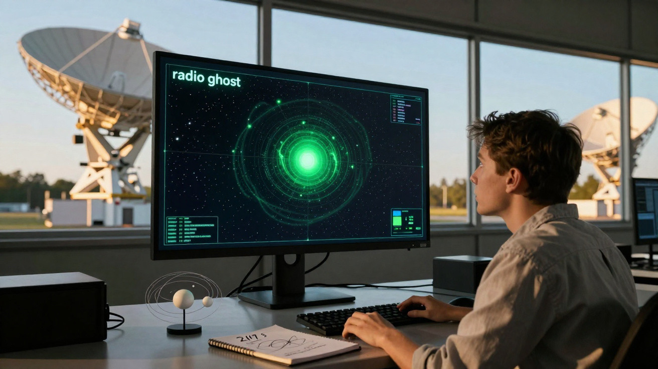 Homem sentado perante computador com imagem de sinal verde “radio ghost” em monitor em estação de rádio observatório.
