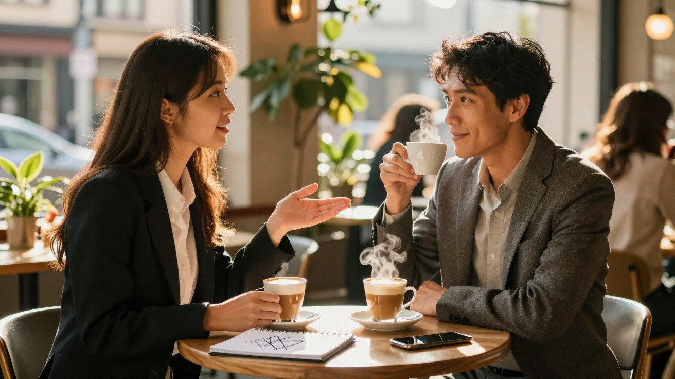 Mulher e homem conversam num café, sentados à mesa com café fumegante e caderno aberto.