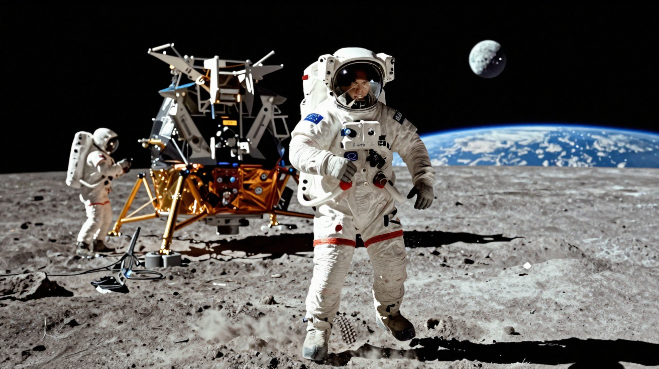 Astronautas em fatos espaciais na superfície da Lua com módulo lunar e Terra ao fundo.