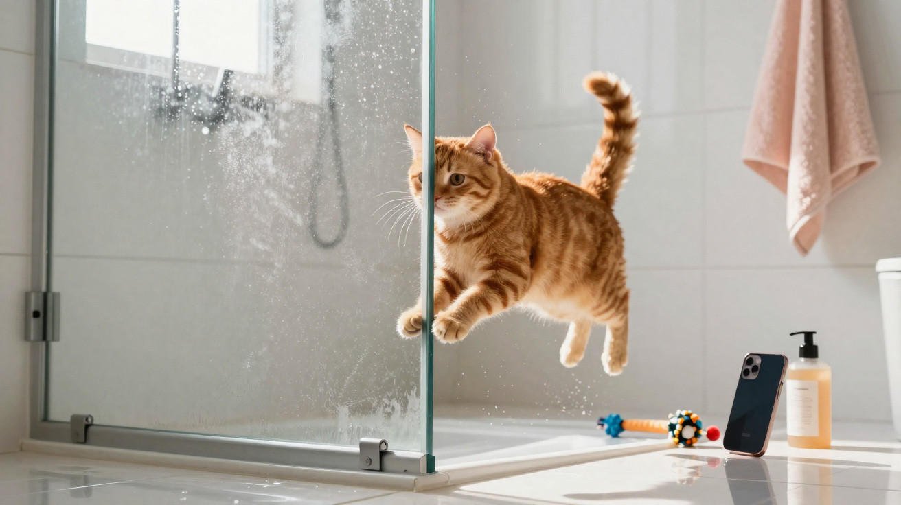 Gato laranja em movimento a saltar sobre o chão branco próximo a um chuveiro de vidro e um telemóvel.