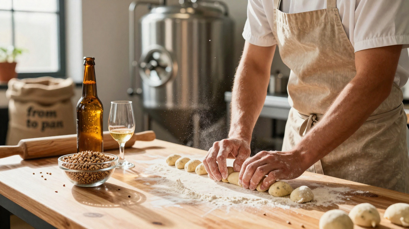Pessoa a preparar pedaços de massa numa bancada de madeira com farinha, cerveja e grãos à vista.