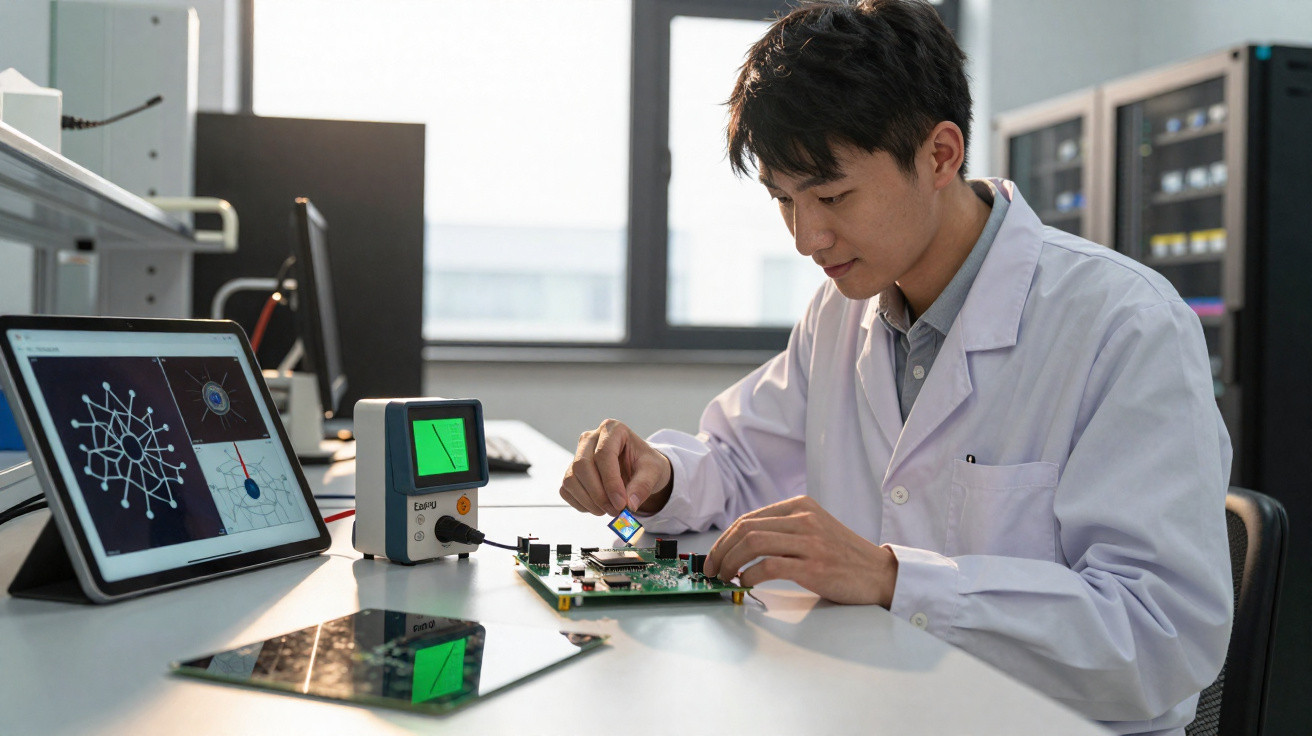 Homem com bata branca trabalha num circuito eletrónico ao lado de um tablet num laboratório moderno.