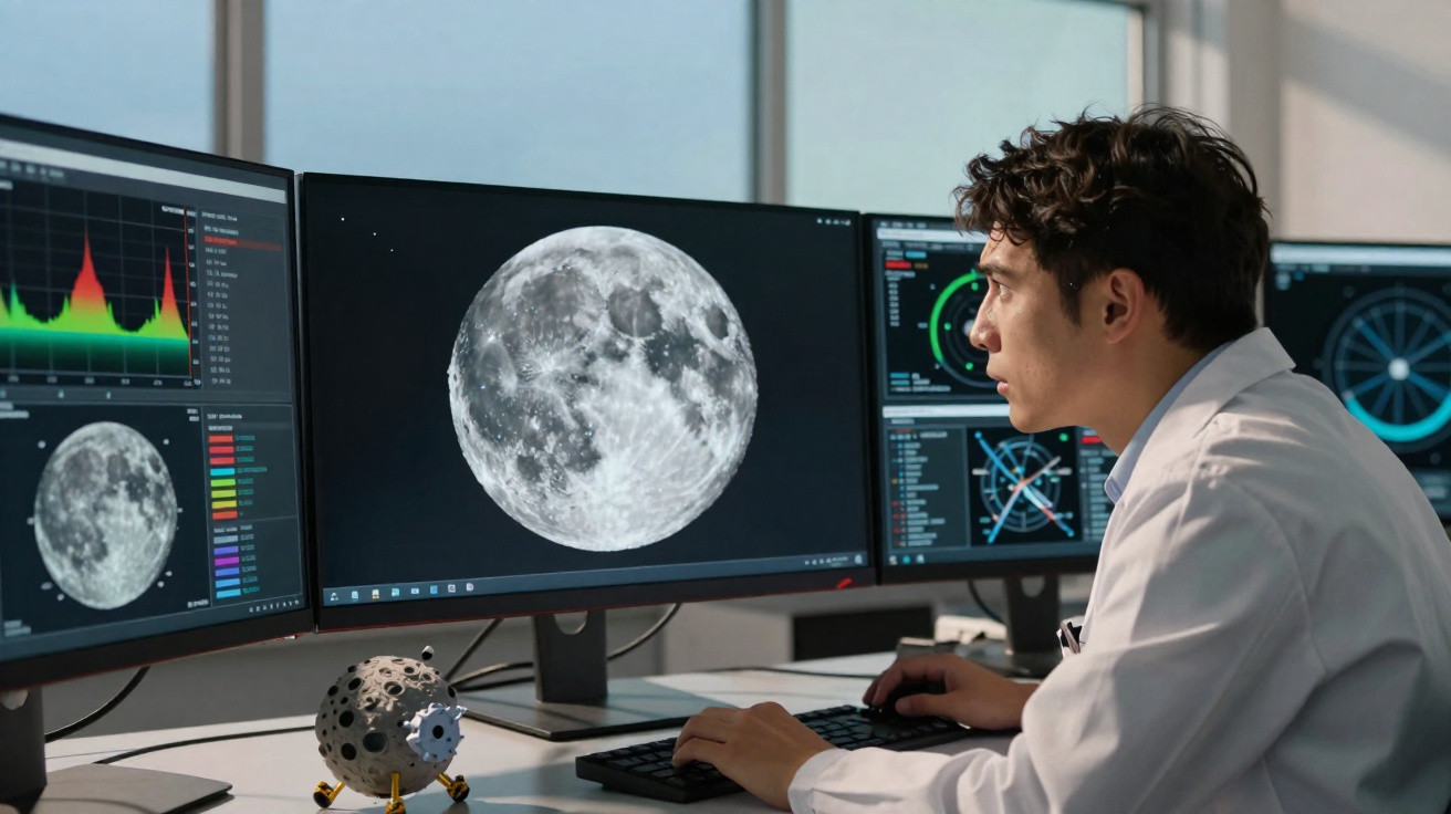 Cientista em bata branca analisa imagens detalhadas da lua em vários ecrãs de computador num laboratório moderno.