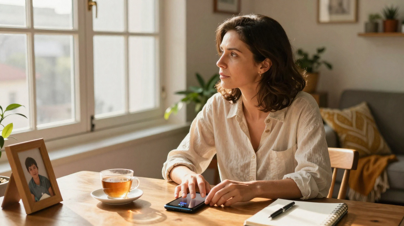 Mulher sentada à mesa junto à janela, olhando para fora, com chá, telemóvel e caderno à sua frente.