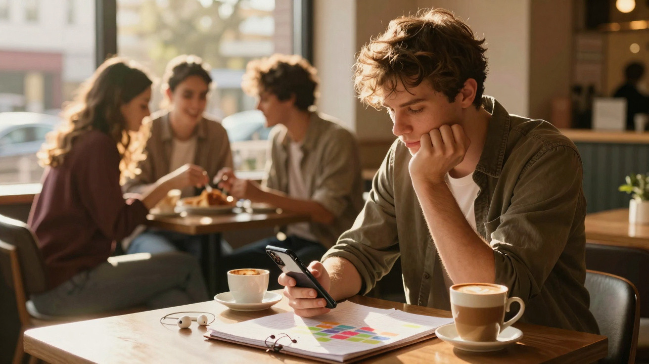 Jovem sentado num café a olhar para o telemóvel com cadernos e café na mesa, outras pessoas ao fundo.