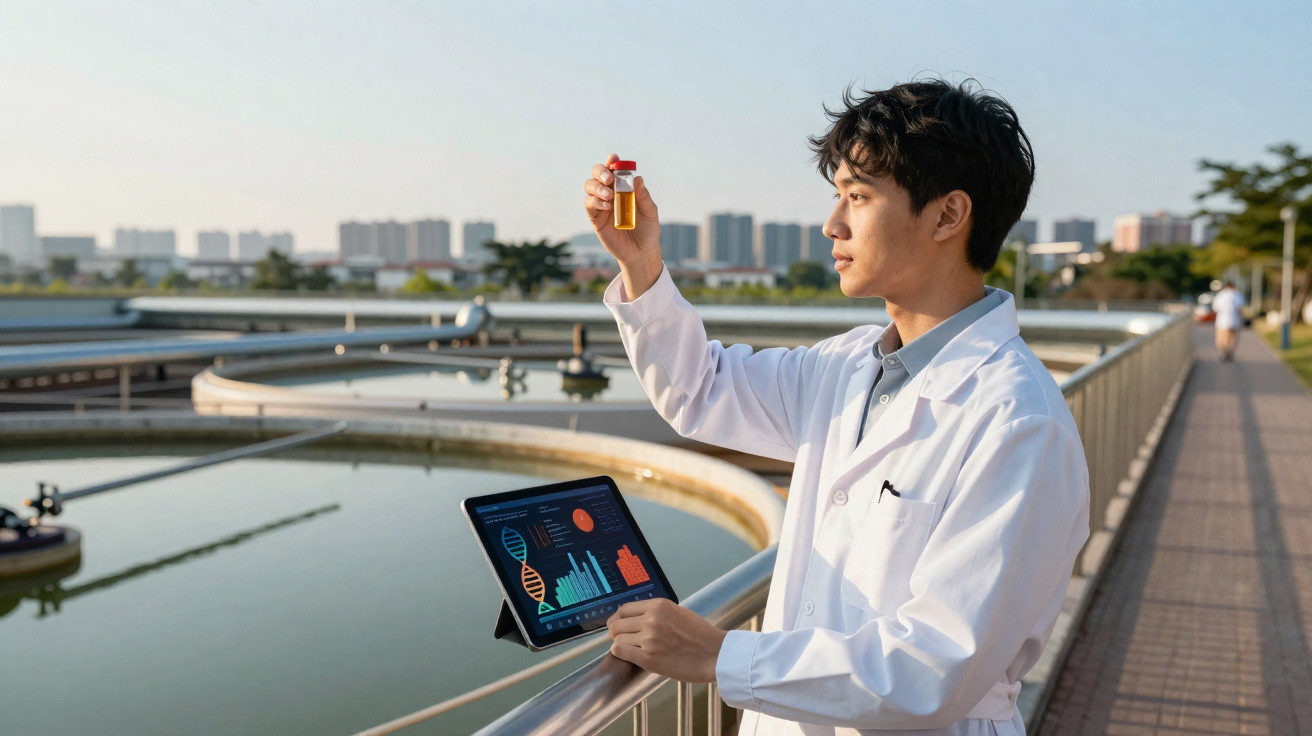 Homem com bata branca a analisar amostra líquida junto a tanques de tratamento de água, com tablet na mão.
