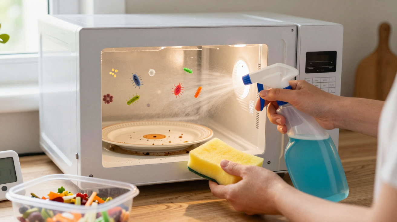 Pessoa a limpar o interior de um micro-ondas com spray desinfetante e esponja na cozinha.