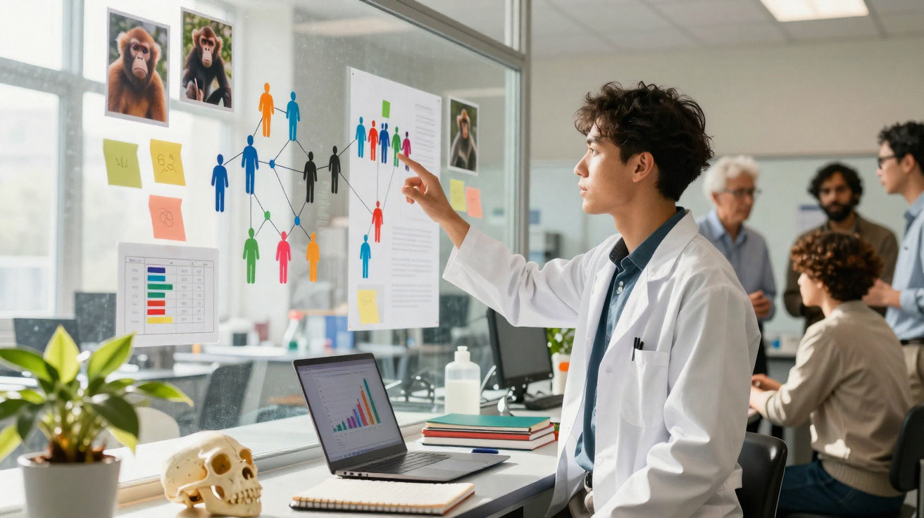 Cientista a analisar gráfico e ligação de pessoas em painel de vidro numa sala de laboratório moderno.