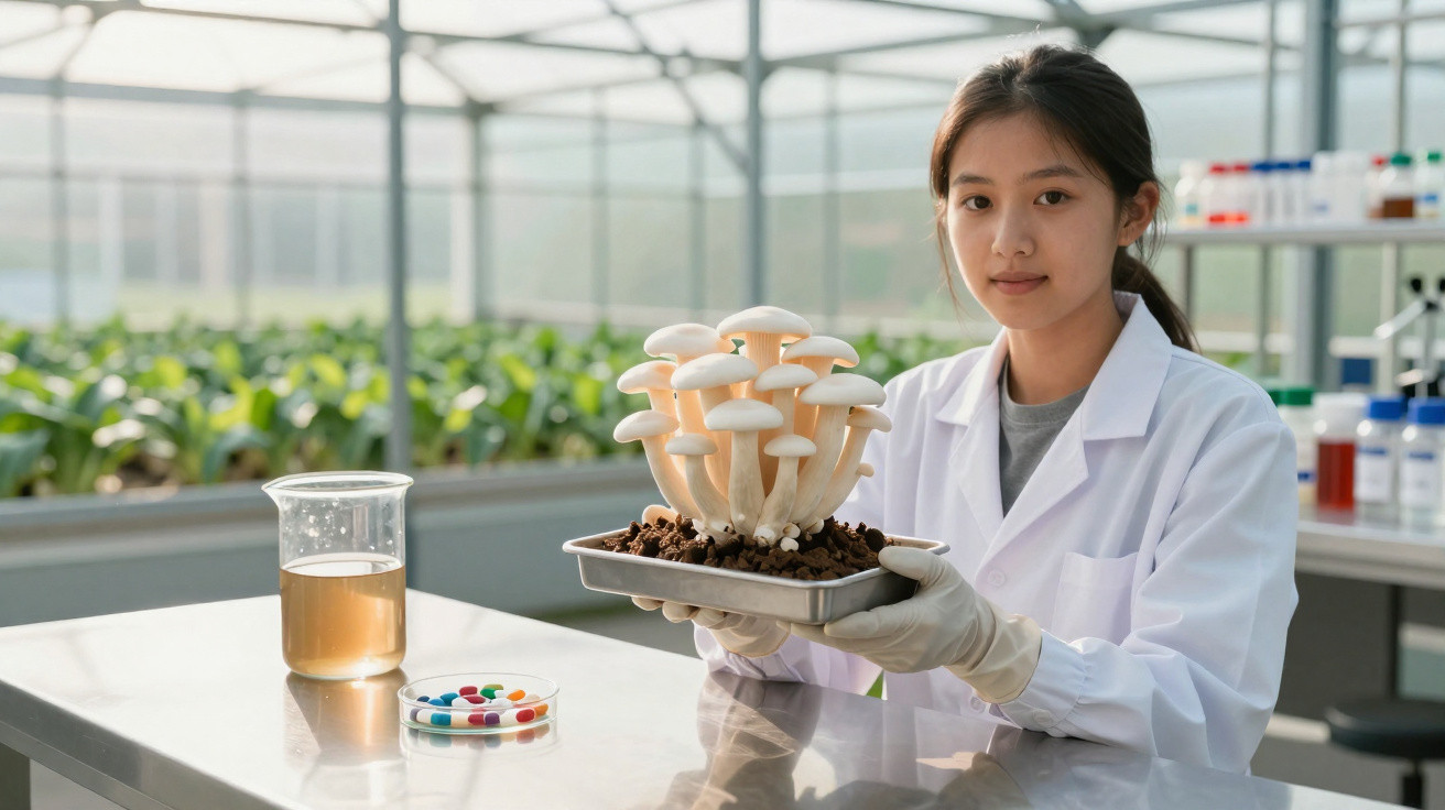 Mulher cientista em laboratório com bata branca segura bandeja com cogumelos cultivados.