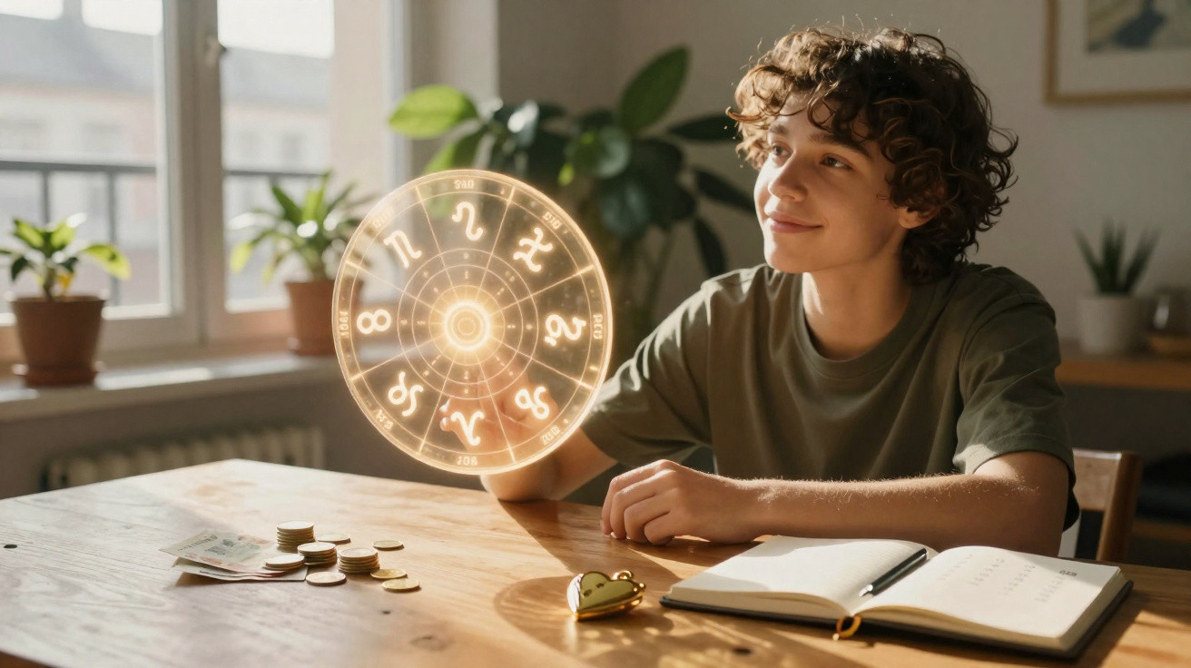 Jovem sentado à mesa com caderno aberto, rodeado por moedas e símbolo do zodíaco em projeção holográfica.