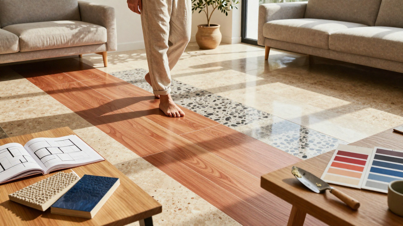 Pessoa descalça a caminhar numa sala moderna com sofs e amostras de cor e materiais sobre mesas.