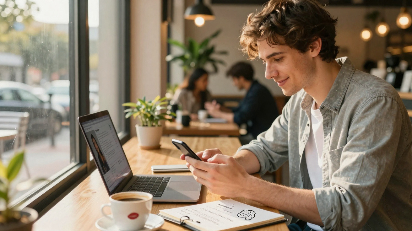 Homem jovem a sorrir enquanto usa telemóvel sentado numa mesa com portátil e café num café moderno.