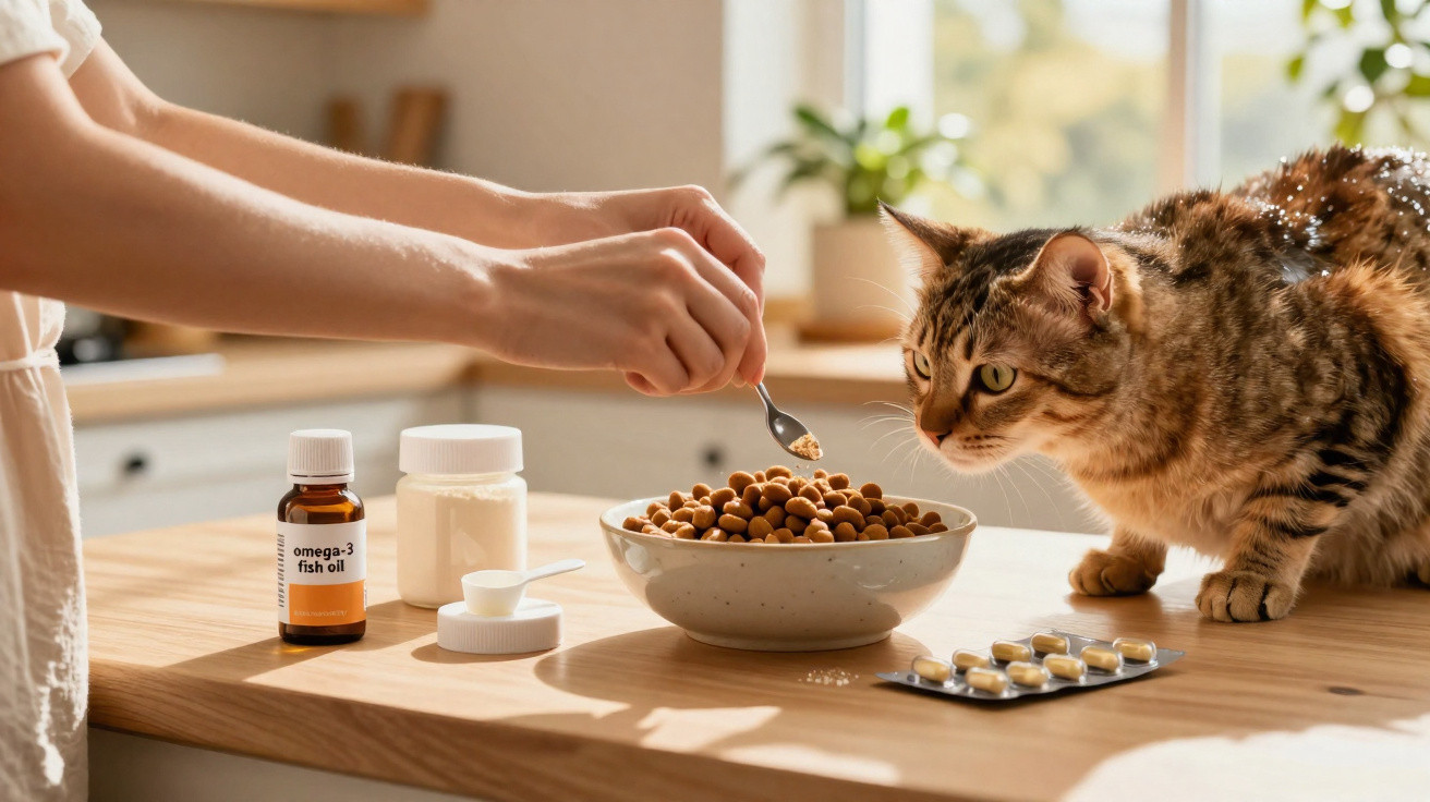 Pessoa adiciona suplemento de óleo de peixe a comida de gato numa cozinha iluminada.