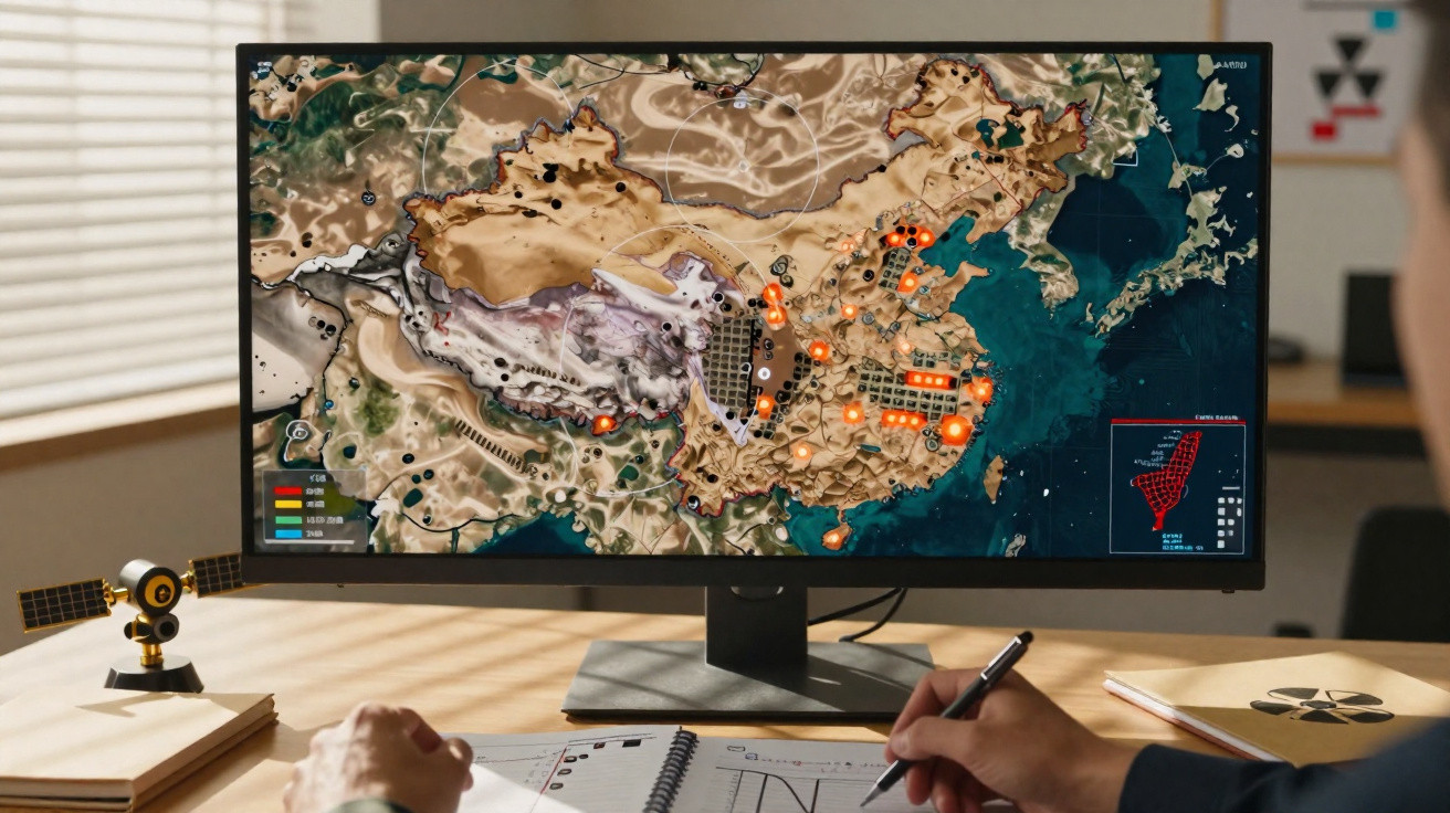 Monitor mostra mapa estratégico com marcações e dados, enquanto pessoa escreve em caderno numa secretária.