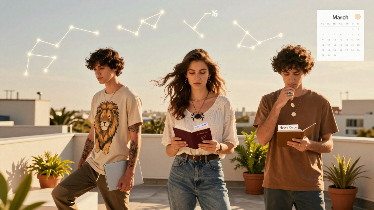 Três jovens lendo livros num terraço com constelações digitais a flutuar acima e calendário de março ao fundo.