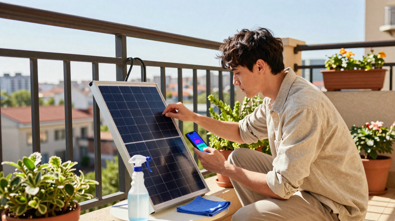 Jovem limpa painel solar numa varanda com plantas, segurando um telemóvel na mão direita.