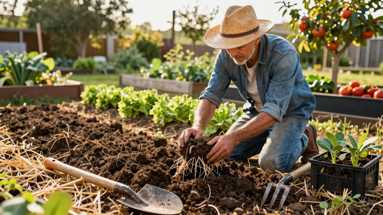 Homem com chapéu de palha a preparar terra numa horta com plantas e ferramentas ao redor.