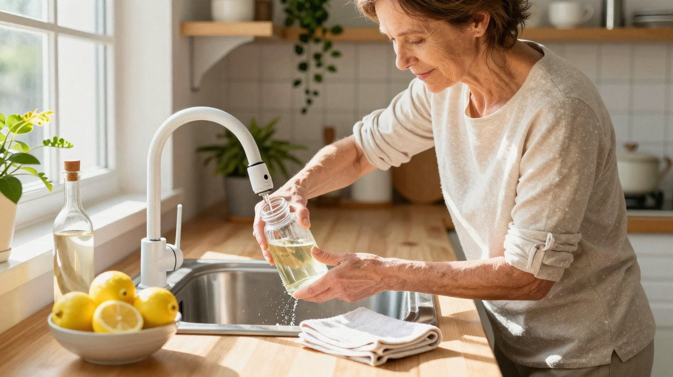 Mulher a encher jarro com água na cozinha luminosa com frutas, plantas e utensílios no balcão de madeira.