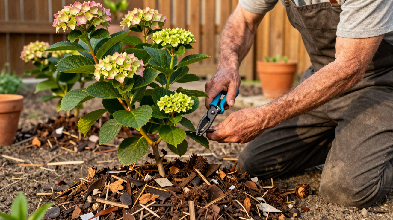 Homem a podar uma planta de hortênsia com tesoura de jardineiro num jardim.
