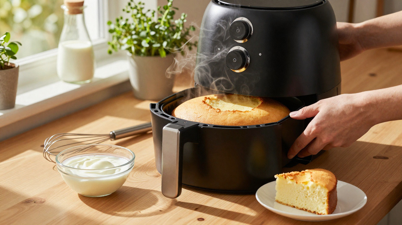 Mãos retiram bolo quente de air fryer preta numa cozinha com vidro, com bolos e utensílios sobre mesa de madeira.
