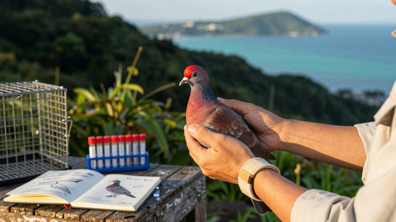 Pessoa segura pombo rosa com anilhas no bico, próximo de livro e tubos de ensaio numa área natural junto ao mar.