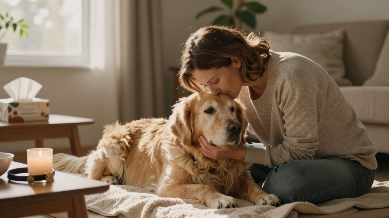 Mulher abraça e beija um cão golden retriever deitado numa manta dentro de casa.