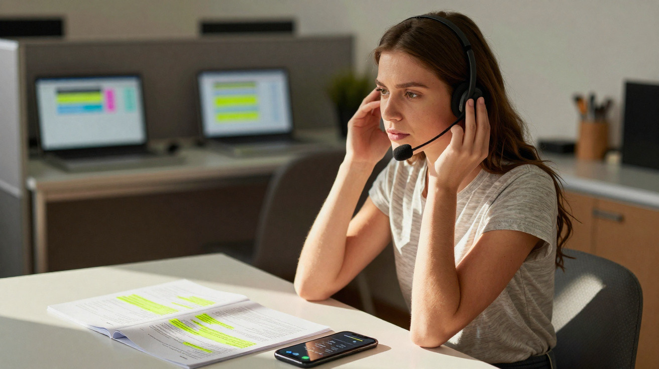 Mulher jovem com headset a trabalhar em escritório com documentos e computador em fundo desfocado.
