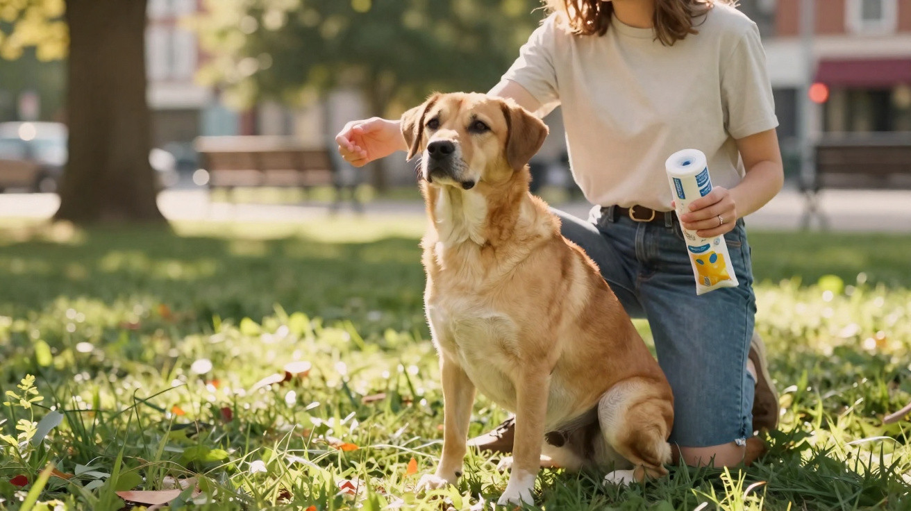 Pessoa a fazer carinho num cão castanho claro sentado na relva num parque ensolarado.