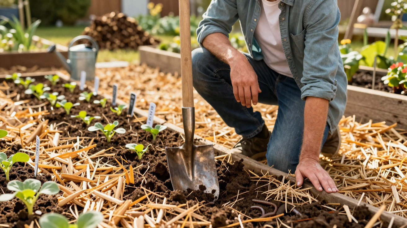 Pessoa a cuidar de uma horta, com uma pá cravada na terra e plantas jovens em canteiros elevados.