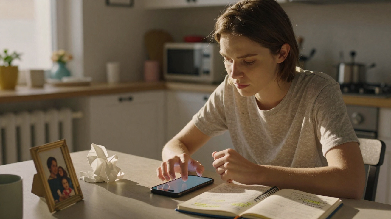 Jovem a estudar à mesa com caderno aberto e a usar telemóvel numa cozinha iluminada pela luz natural.