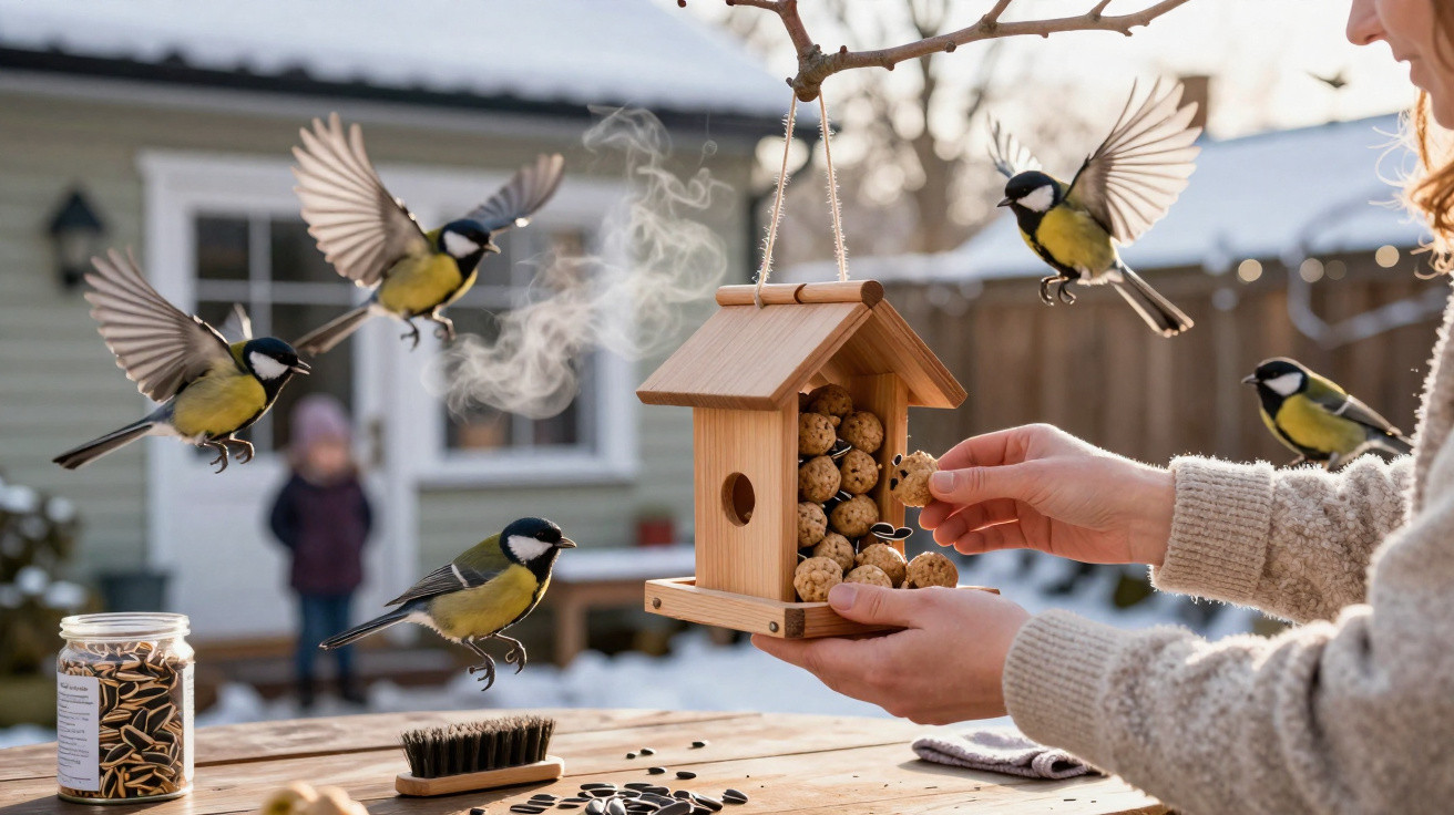 Pessoa a alimentar pega-migas com fatias de sementes para tentilhões em inverno com neve no jardim.