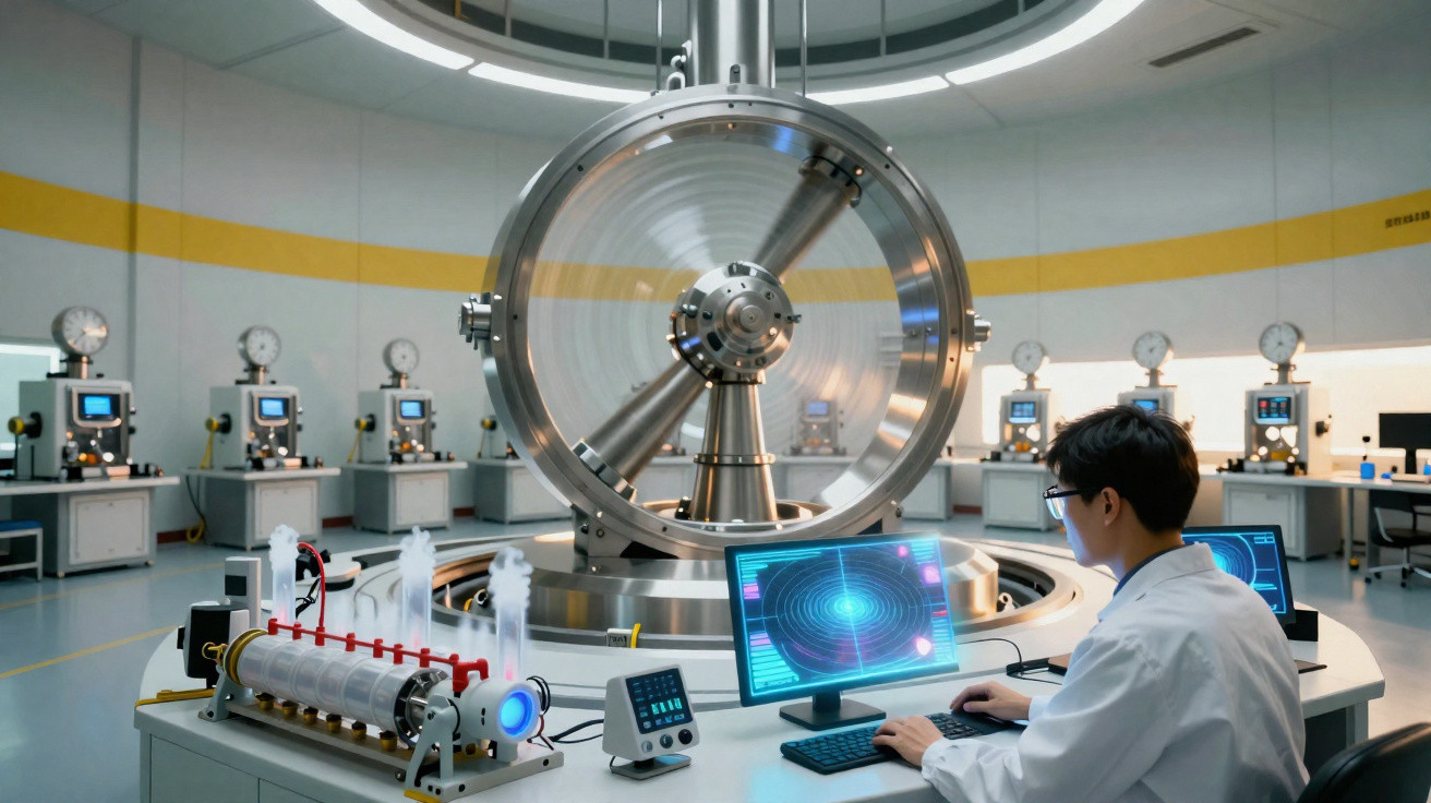 Cientista numa sala de laboratório moderno a analisar dados num computador junto a grande roda metálica em movimento.
