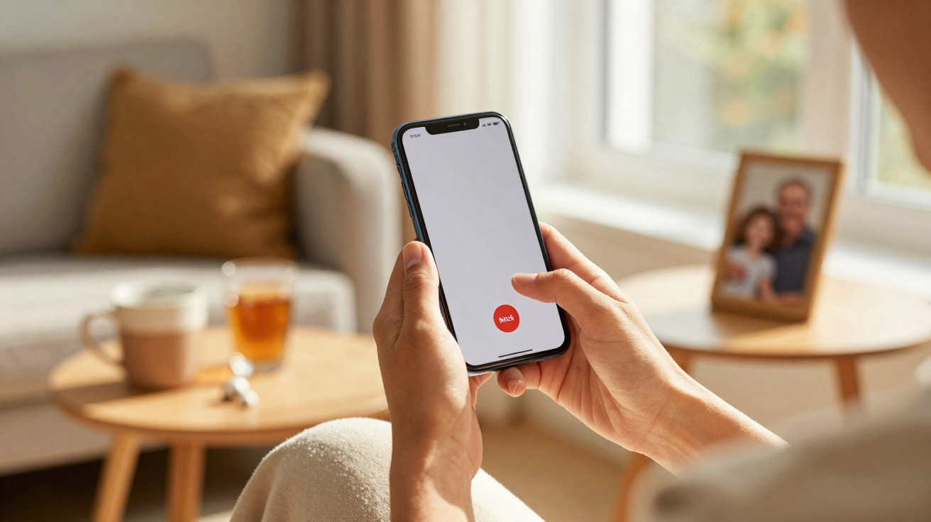 Pessoa segurando smartphone com ecrã branco e botão vermelho, em sala com mesa e flores no fundo.