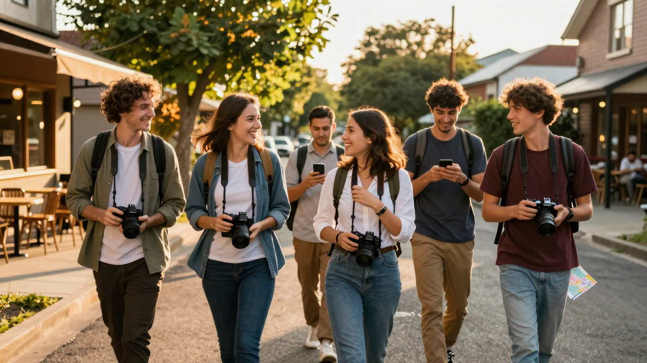 Grupo de cinco jovens com mochilas e câmaras fotográficas a caminhar e falar numa rua urbana ao fim da tarde.