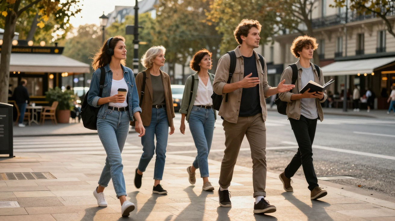 Grupo de cinco jovens a caminhar numa rua urbana iluminada pelo sol da tarde.