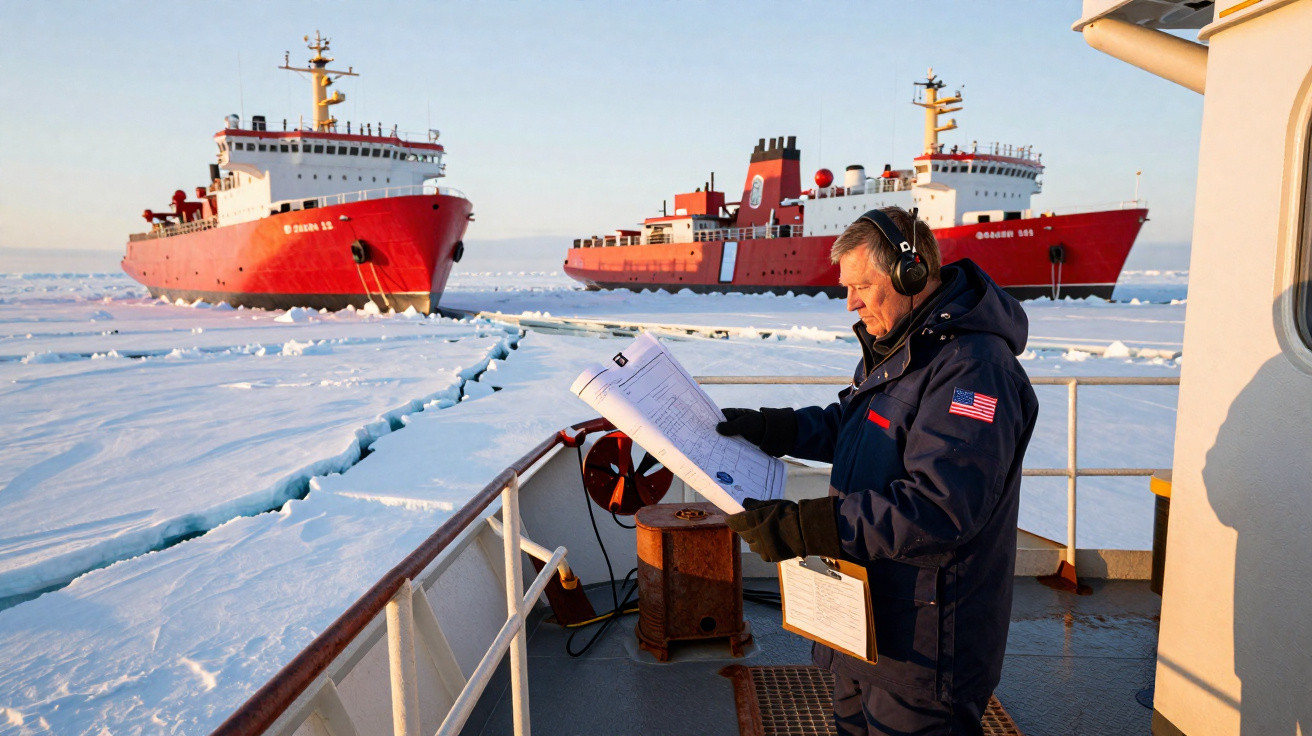 Homem com equipamento de comunicação analisa mapas a bordo de navio, com dois navios vermelhos no gelo ao fundo.