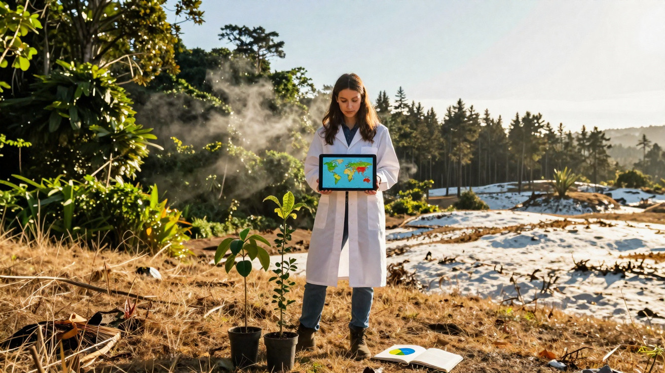 Mulher com bata branca segura tablet com mapa do mundo em área seca e ambiente natural afetado.