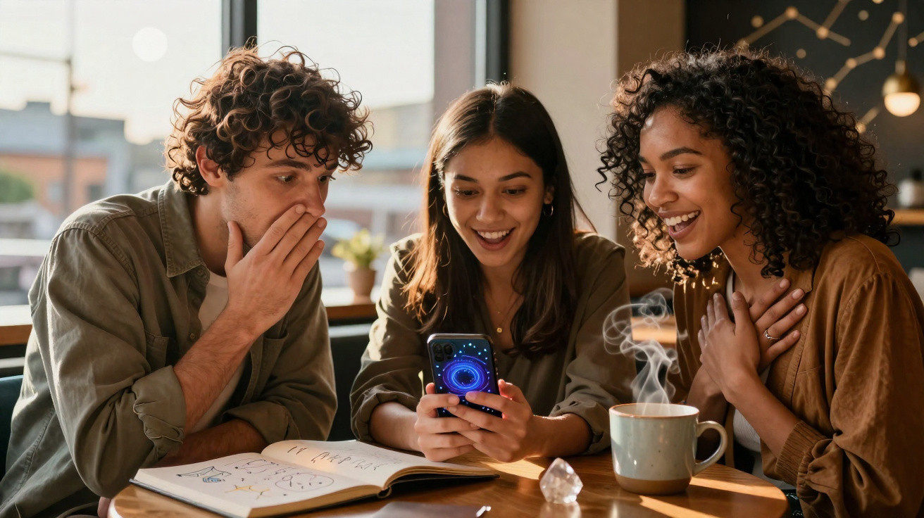 Grupo de três jovens surpreendidos a olhar para o telemóvel numa mesa com livros e chá quente.