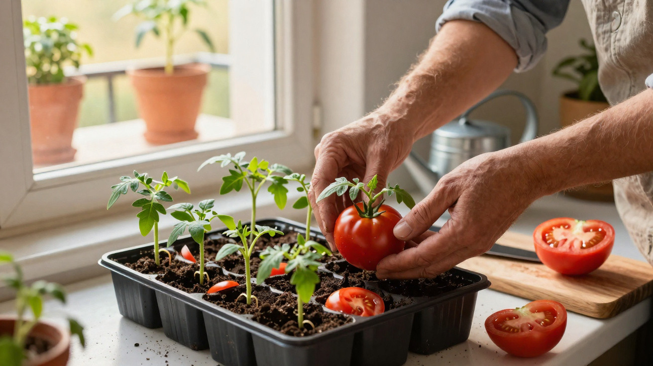 Mãos a transplantar uma planta de tomate com frutos vermelhos num recipiente preto perto de uma janela.