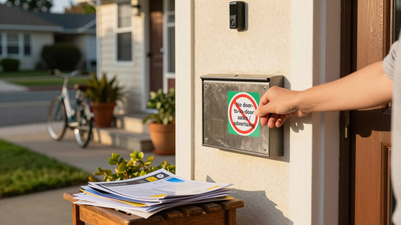 Pessoa a colocar um folheto numa caixa de correio com aviso de proibição de publicidade porta a porta.