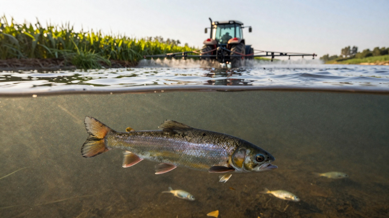 Peixe a nadar em água subterrânea com campo agrícola e trator em fundo ao pôr do sol.