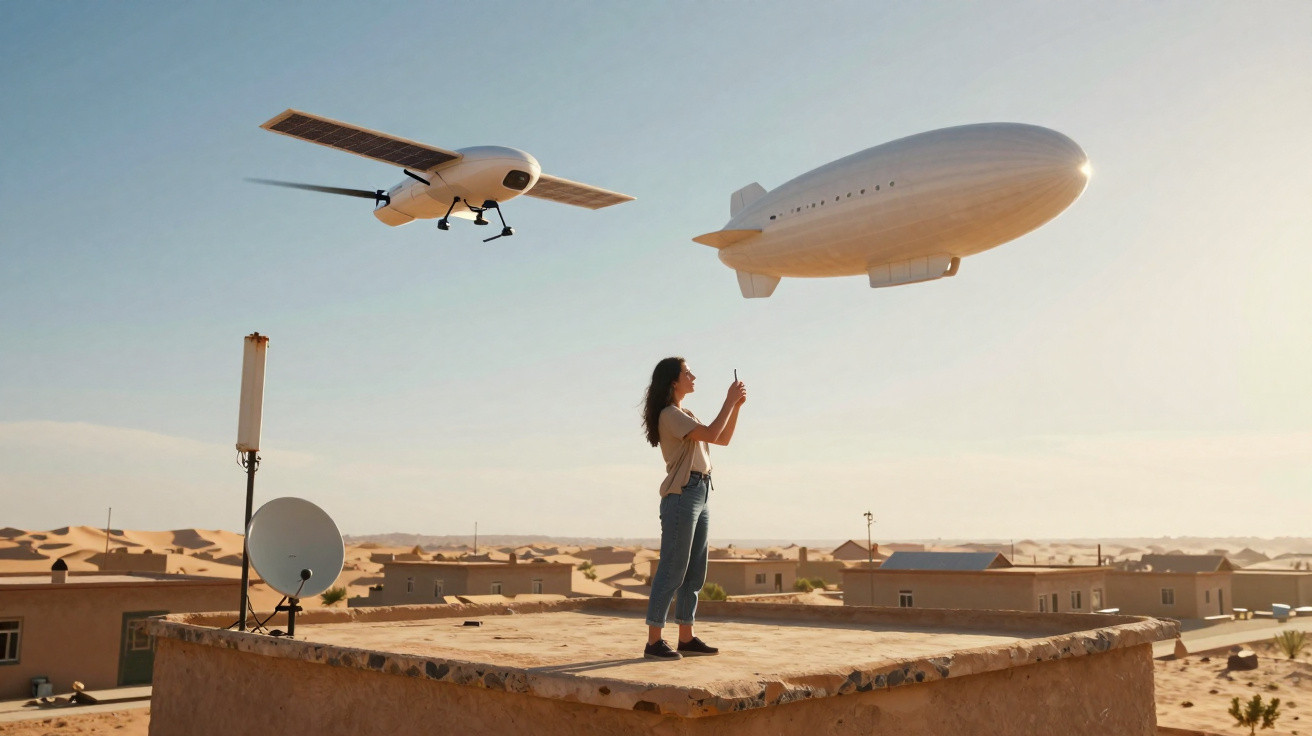 Mulher em telhado no deserto a controlar drone voador e dirigível branco ao pôr do sol.