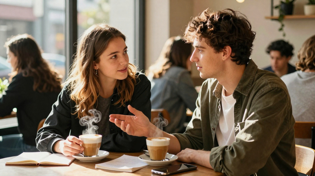 Jovem casal conversa animadamente num café, com duas chávenas de café e livros sobre a mesa.