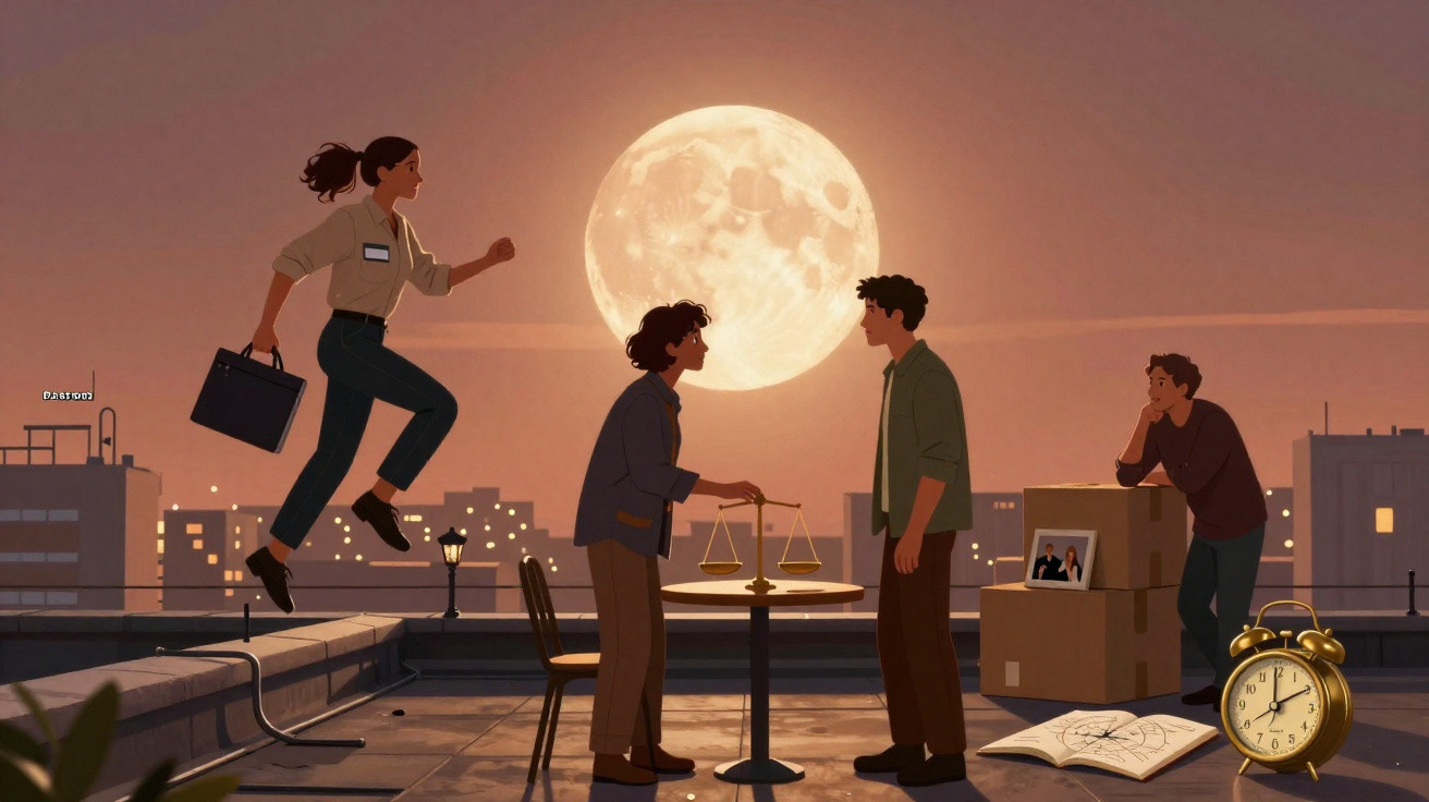Quatro pessoas num terraço ao anoitecer com uma lua cheia brilhante ao fundo, discutindo junto a uma balança.