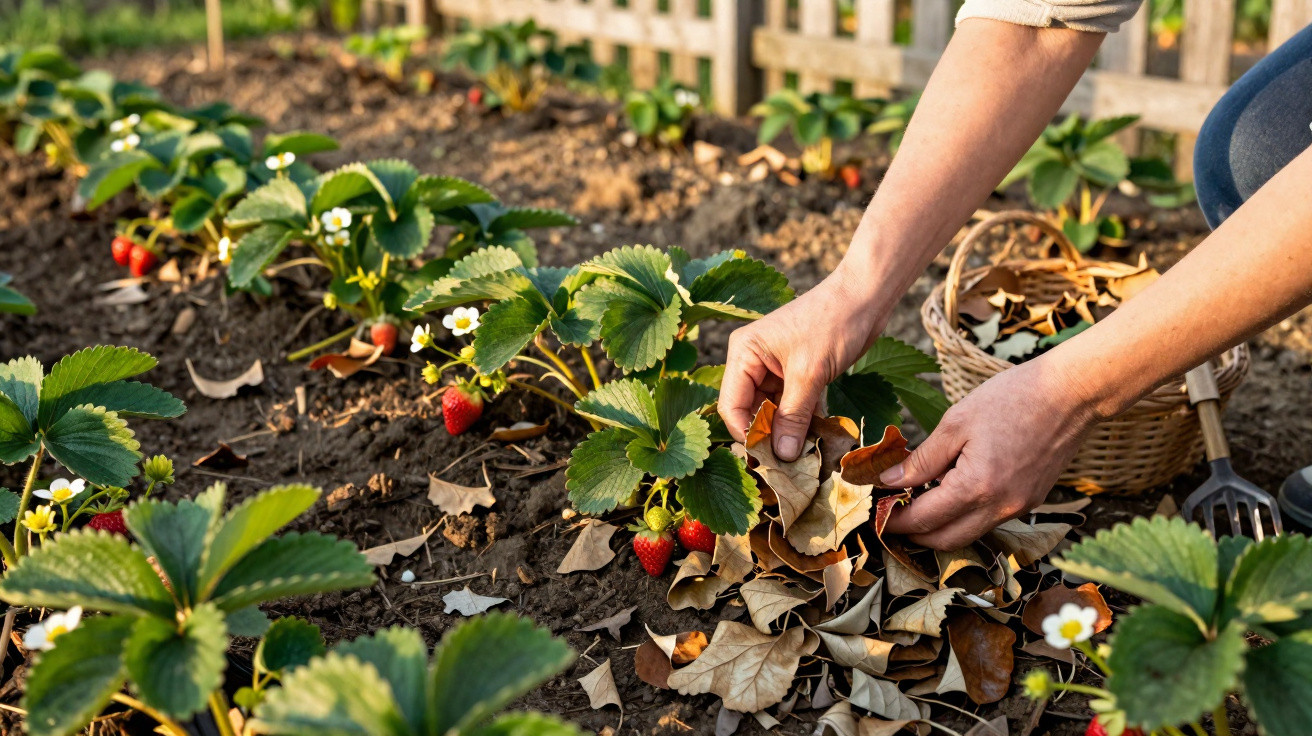 Mãos a limpar folhas secas em planta de morango num jardim com morangos vermelhos e flores brancas.